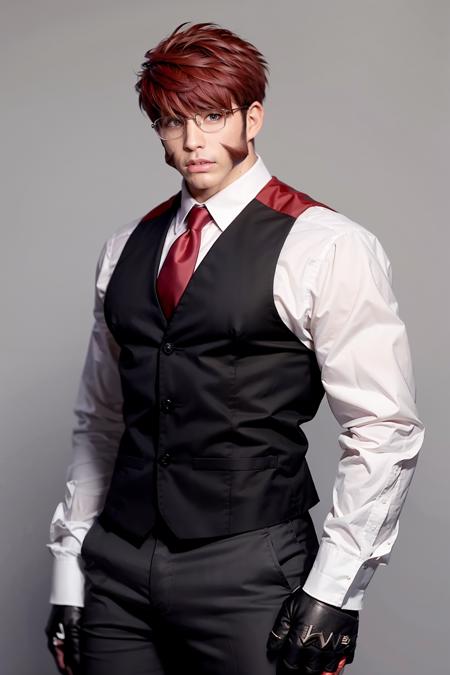 01203-3315508107-masterpiece, best quality,  _lora_klaus_1_,1boy, male focus, solo, glasses,teeth,necktie, red hair, vest, gloves, muscular, form.png